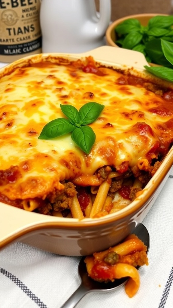 A baked casserole with layers of pasta, ground beef, and cheese, garnished with basil, in a rustic dish.
